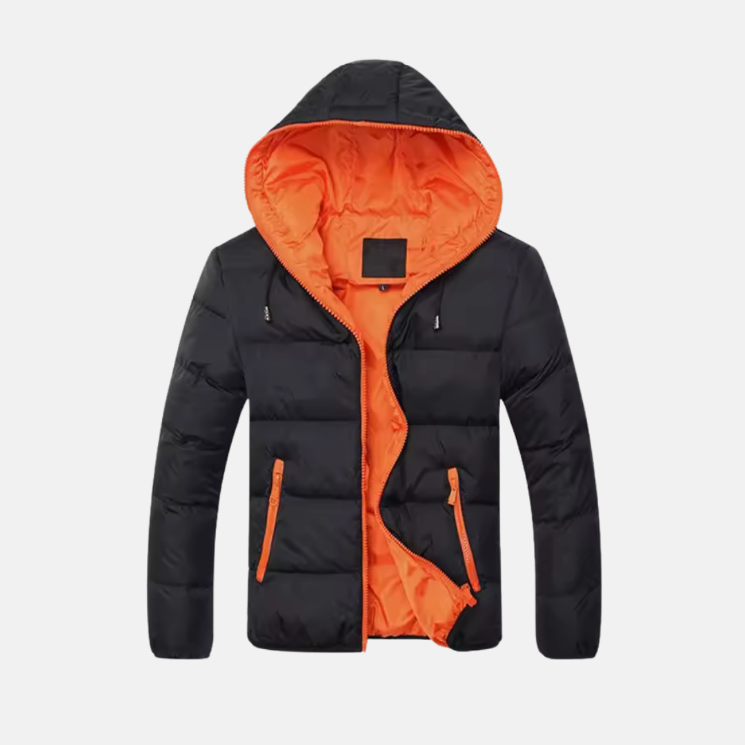 Men's black hooded quilted puffer jacket hip-length insulated winter coat relaxed fit cold weather