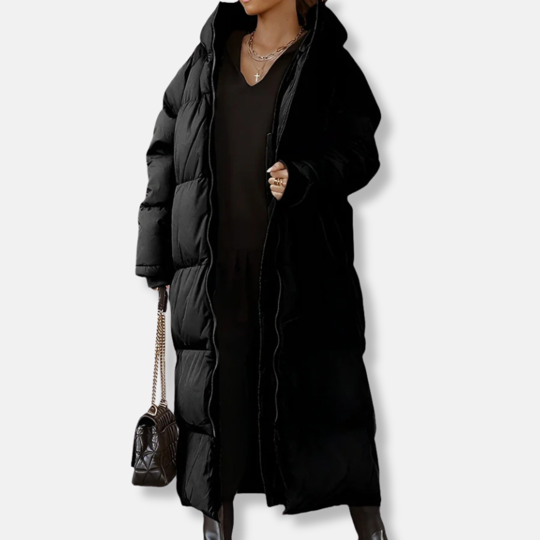Women's oversized quilted padded long coat hooded full-zip winter outerwear streamlined silhouette