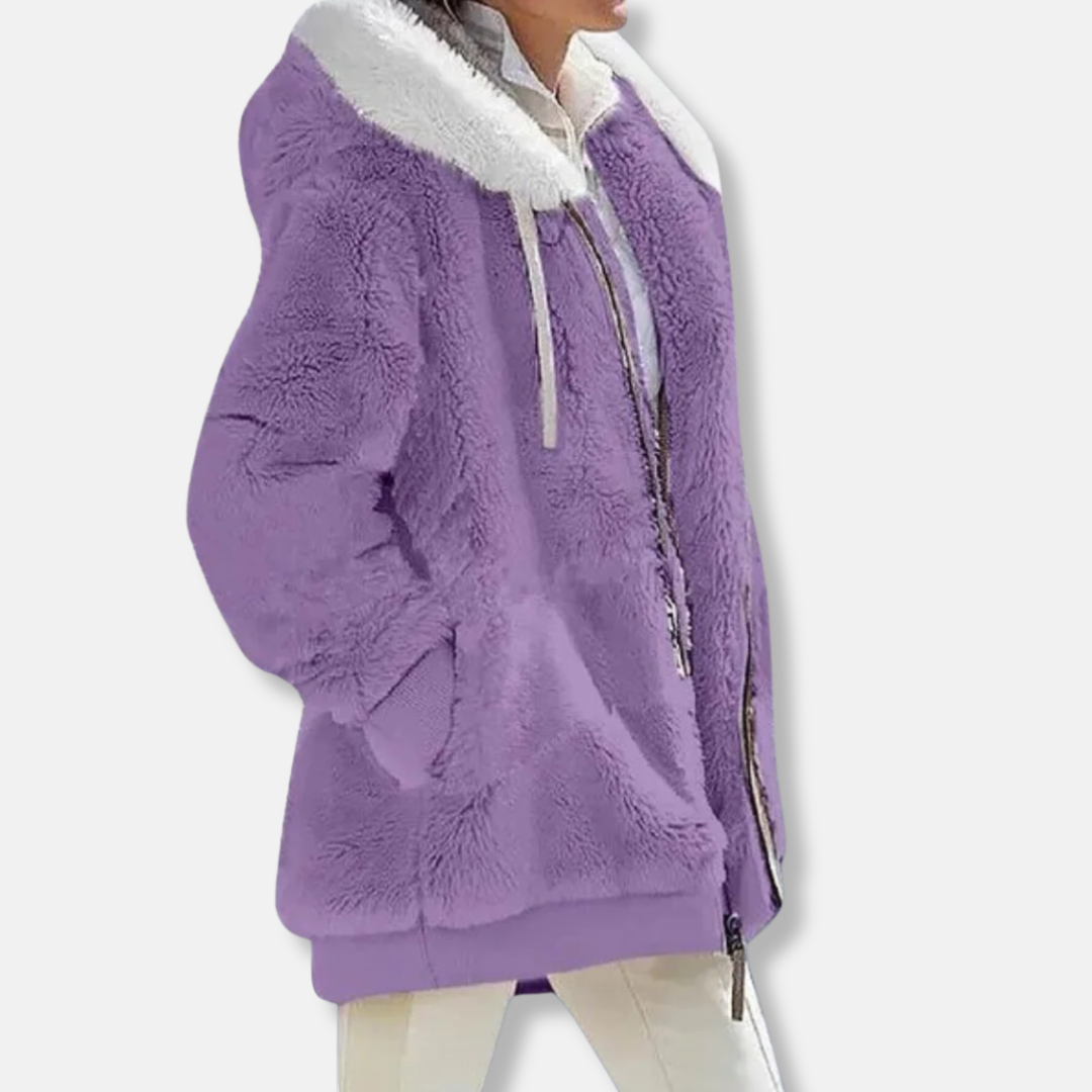 Women's oversized fleece hoodie jacket mid-thigh length with zip front and side pockets, cozy winter layer