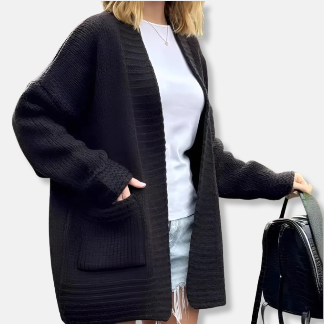 Women's oversized open-front knit cardigan in cozy neutral tones with long-line relaxed silhouette