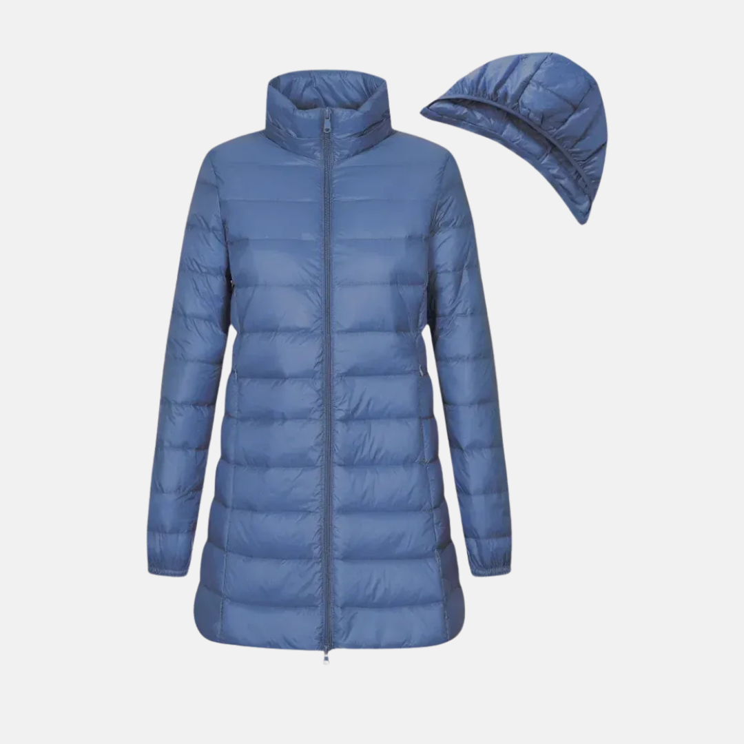 Women's fitted mid-thigh quilted down jacket hooded water-resistant sleek silhouette for fall winter