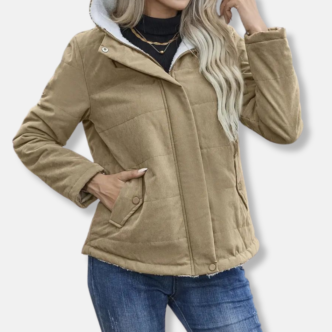 Women's hooded quilted short coat with plush fleece lining and full-zip front for fall winter