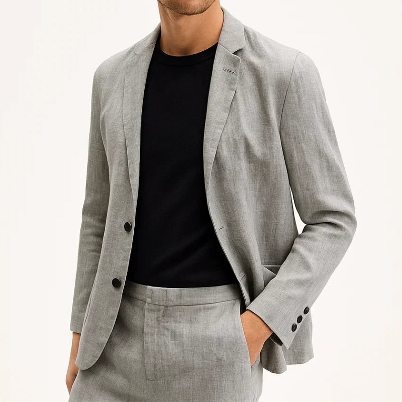 Halden linen two-piece blazer and pants set, breathable slim fit, natural crisp finish for warm weather