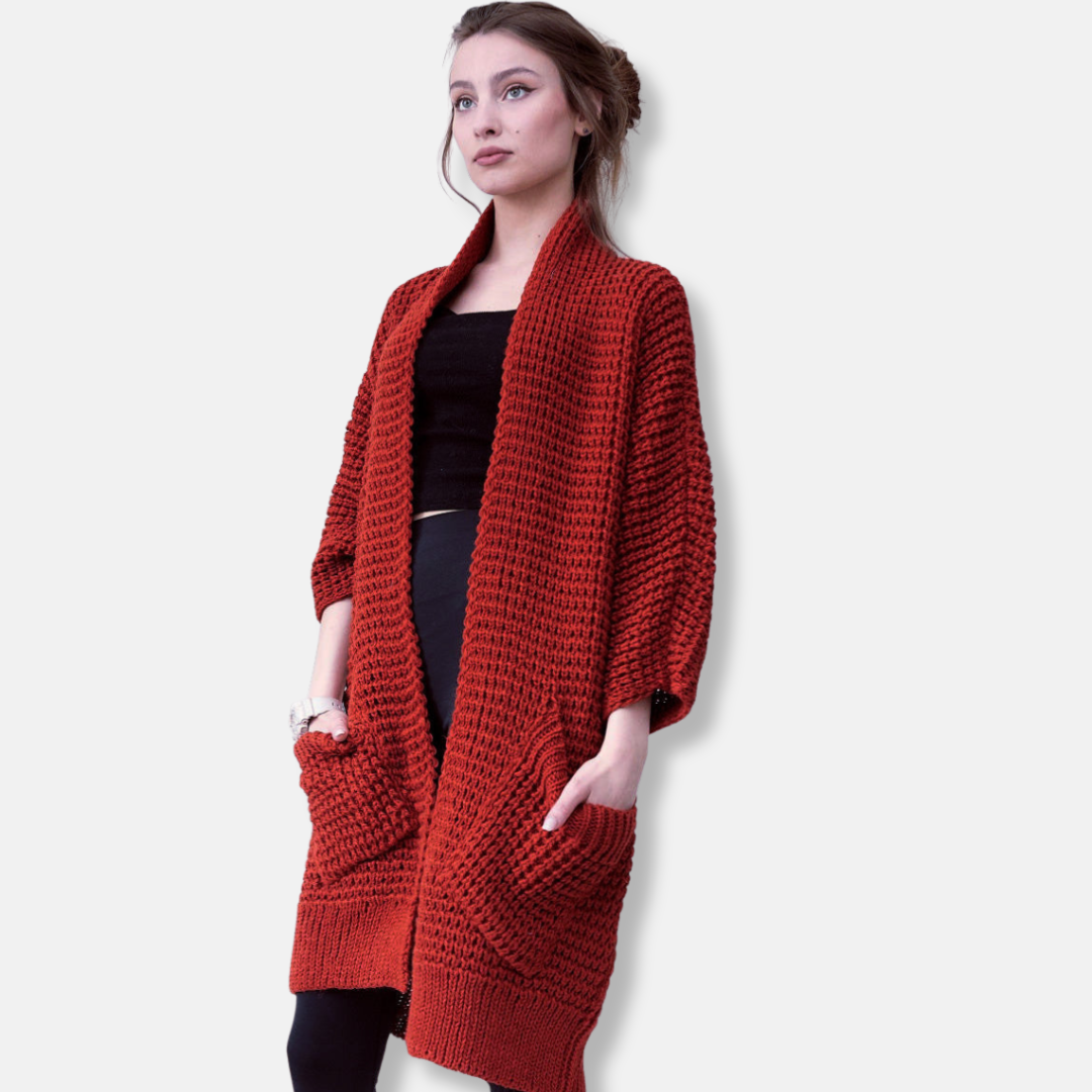 Women's oversized chunky knit wool blend coat open front with patch pockets in neutral tone