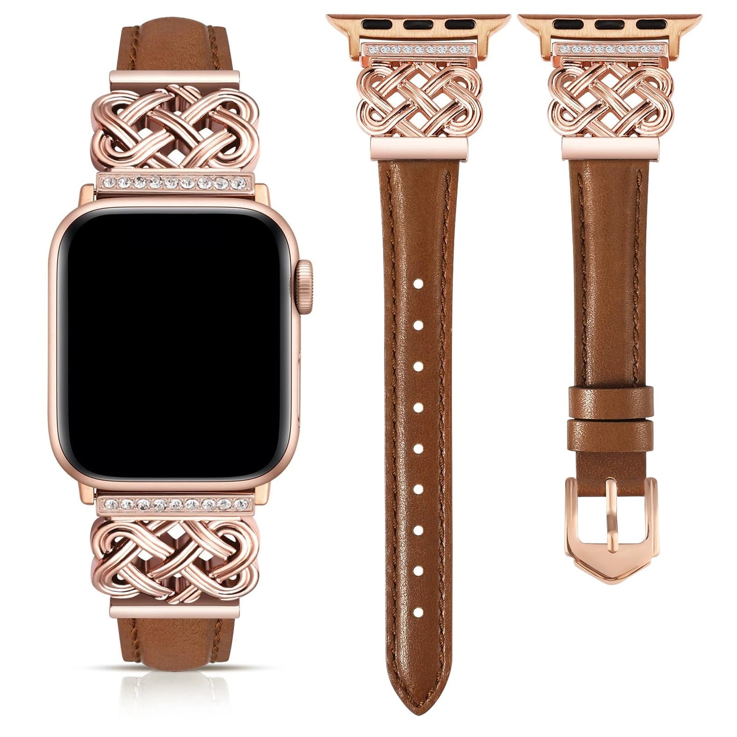 Geneva Apple Watch band genuine leather with interlock knot and rhinestone embellishments for professionals