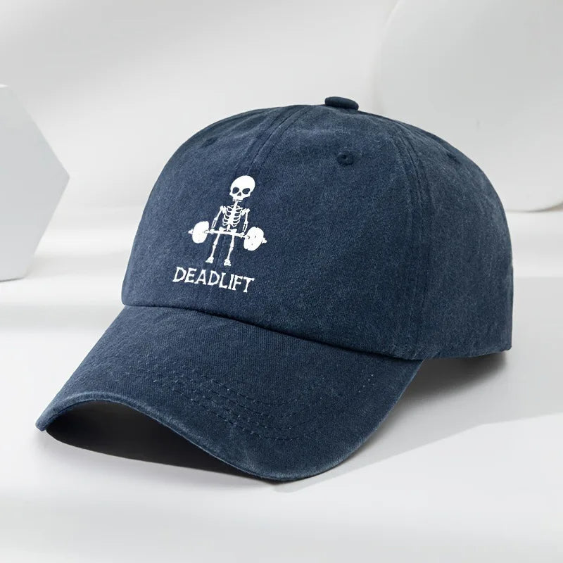 Washed cotton unisex gym cap with skeleton deadlift graphic and adjustable metal buckle strap