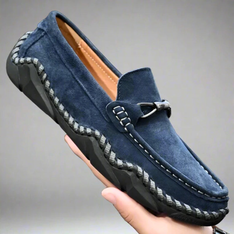 Braye premium suede loafers in neutral tone, roomy moc toe, hand-stitched sole, casual-luxe everyday style