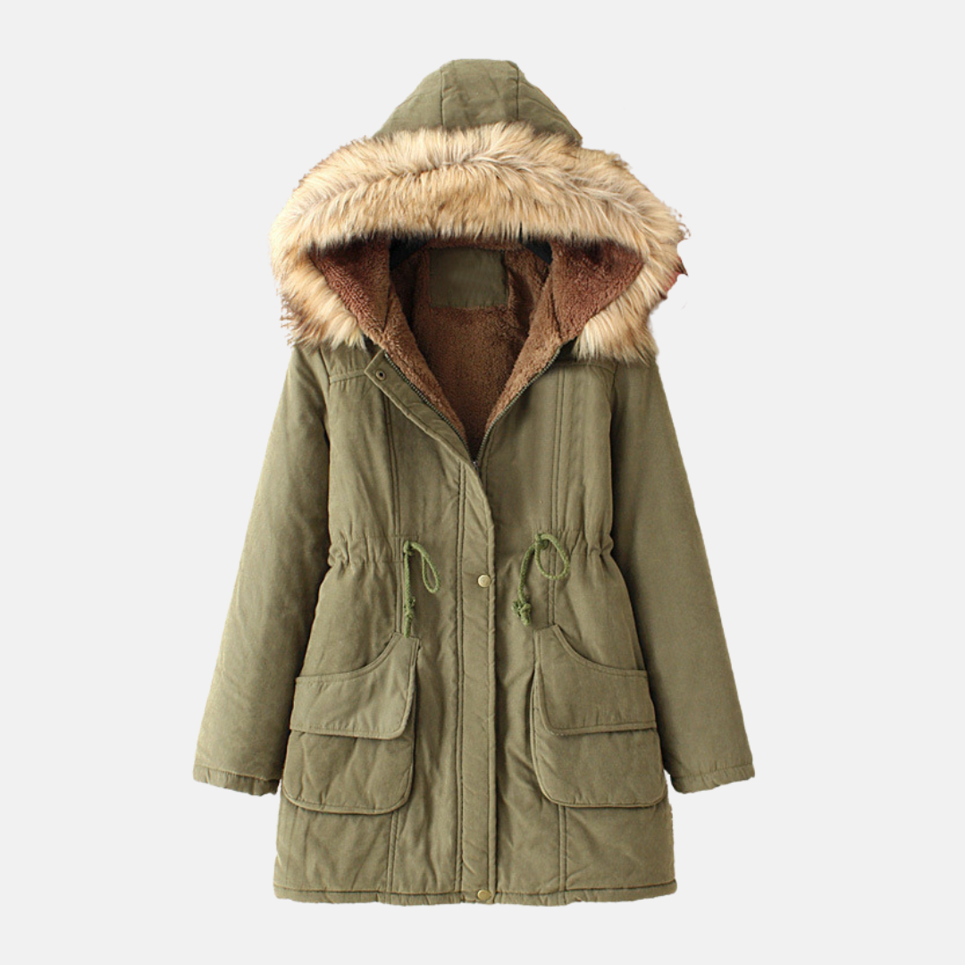 Women's slim-fit parka coat with sherpa lining and faux fur hood, city-chic winter style