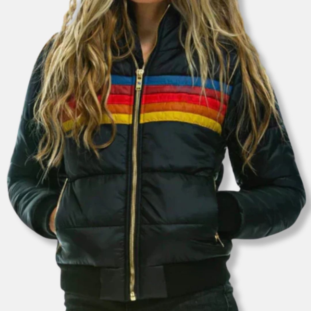Women's quilted nylon puffer jacket hooded hip-length high collar regular fit lightweight warmth