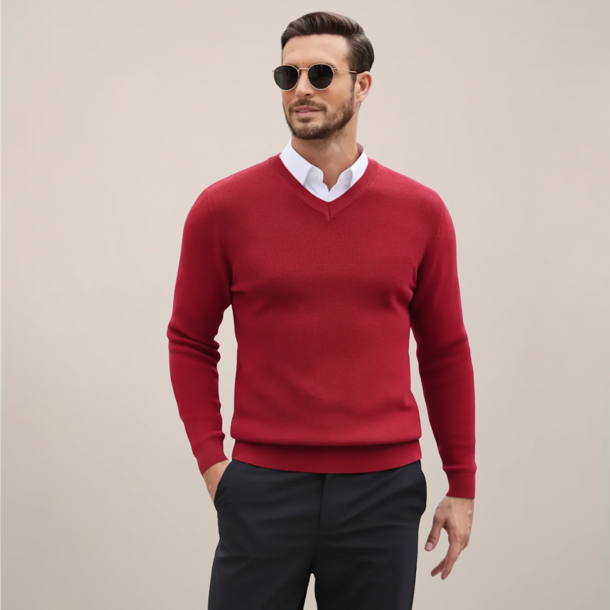 Men's slim fit V-neck sweater in classic fine knit, versatile layering essential for everyday wear