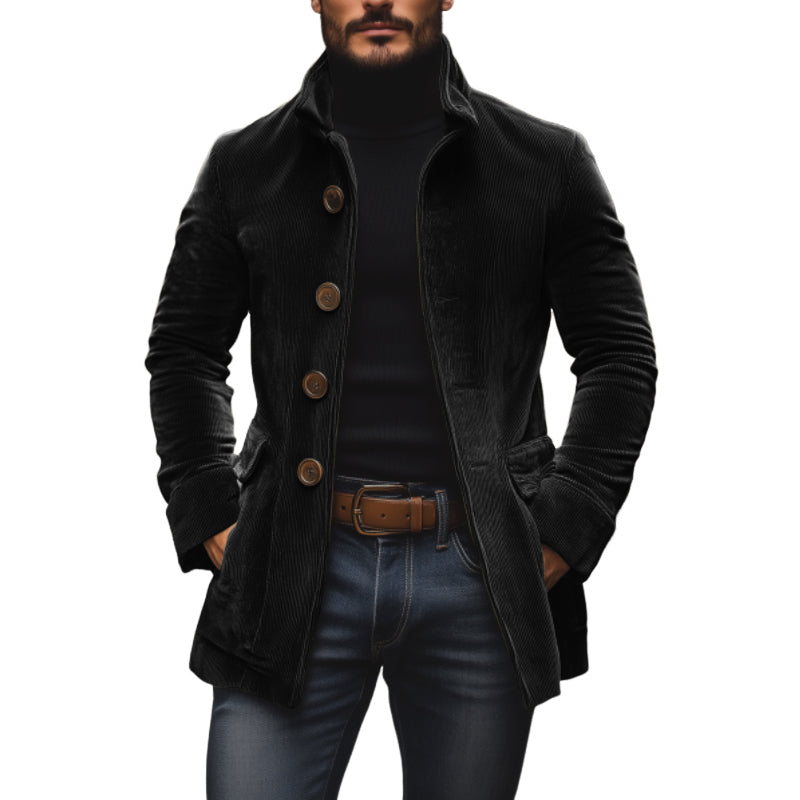 Men's single-breasted gray tailored coat with button closure and clean structured silhouette