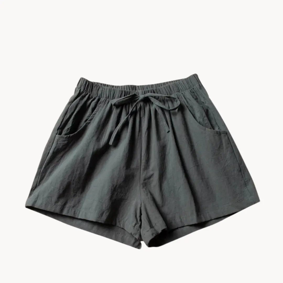 Women's high-waist linen shorts with elastic drawstring waist and slant pockets, lightweight casual fit