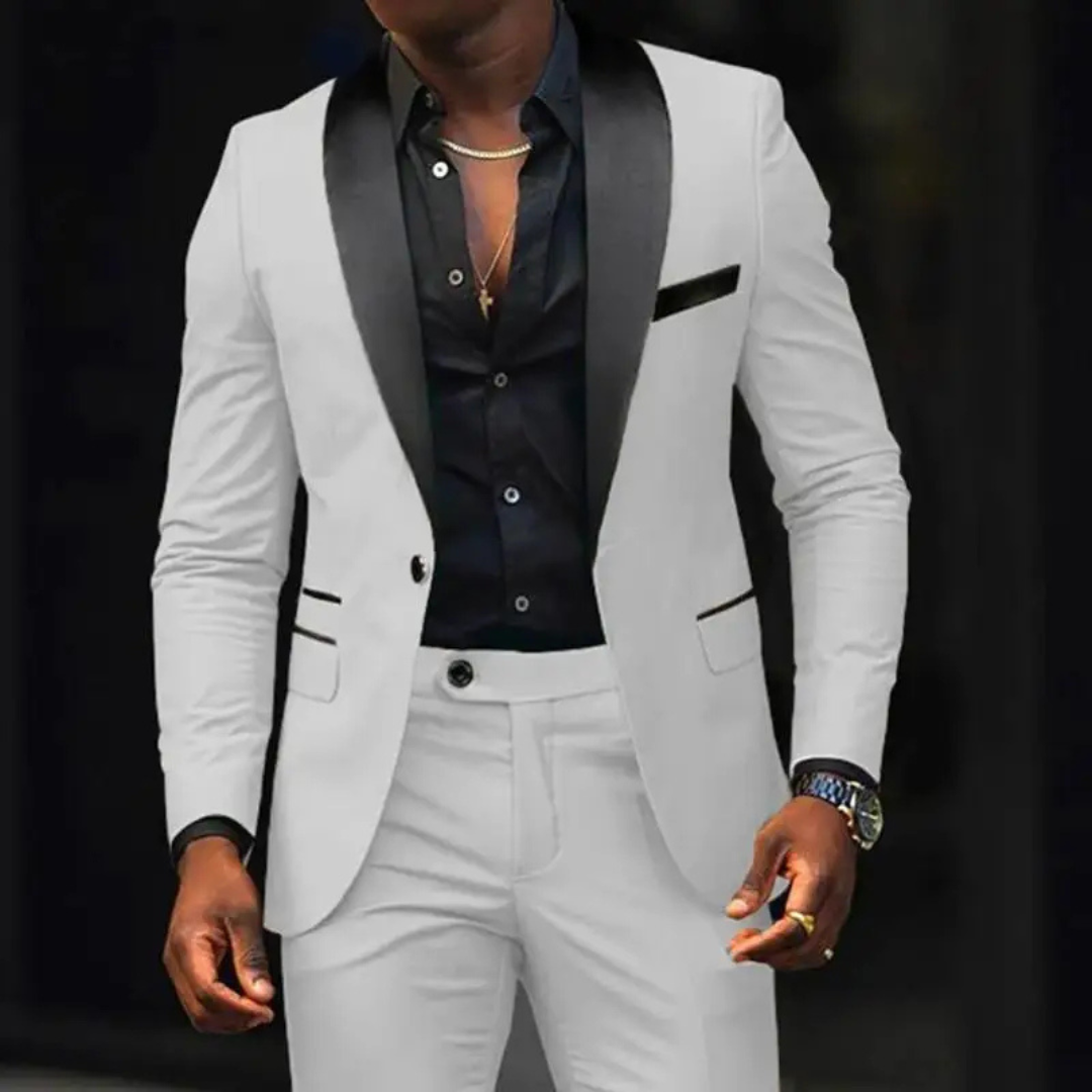 Men's slim fit black tuxedo suit with satin lapels, structured blazer, and matching formal trousers