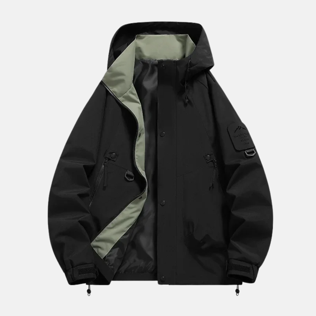 Men's rugged utility jacket water-resistant shell adjustable hood multiple pockets everyday explorer style
