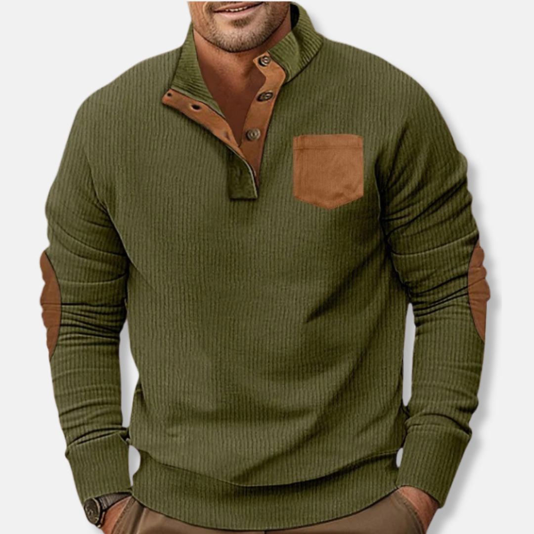Men's ribbed knit sweatshirt stand collar contrast elbow patches casual everyday style