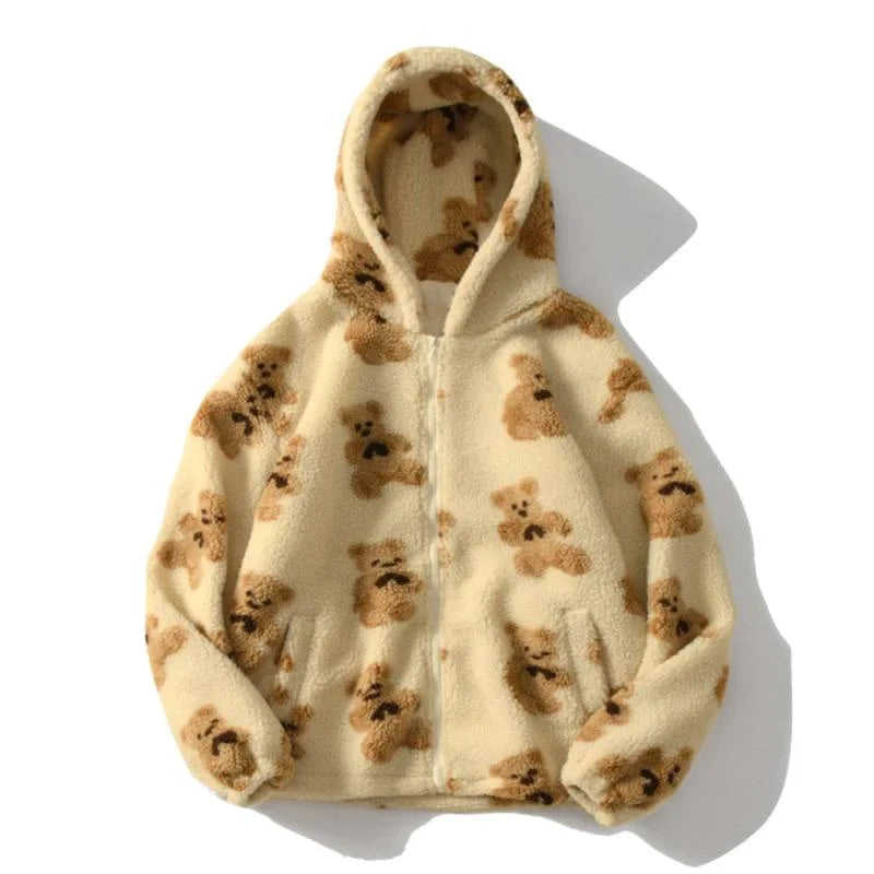 Oversized beige sherpa zip hoodie with allover teddy bear print, ultra-soft plush fleece for cold days