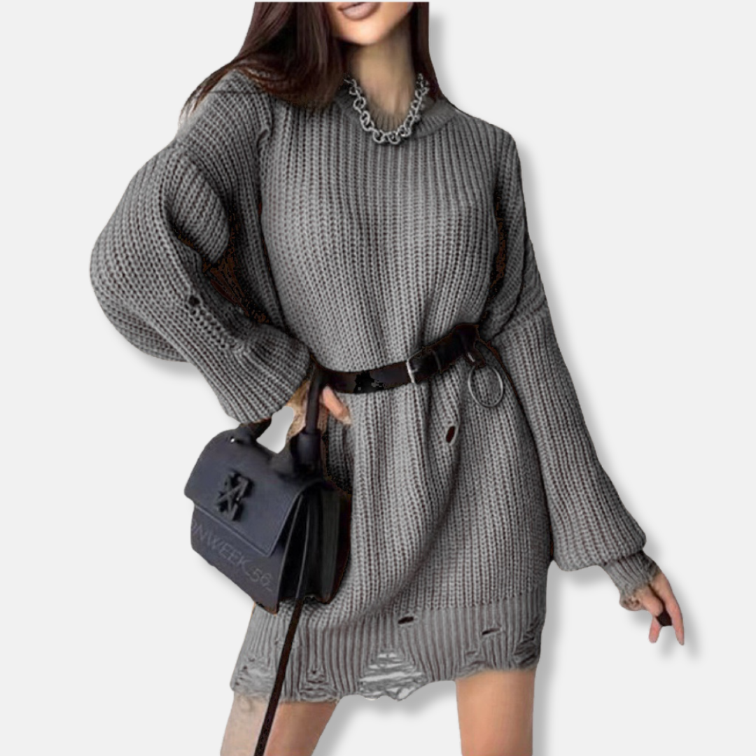 Women's ribbed knit mini dress balloon sleeves distressed hem oversized casual chic style