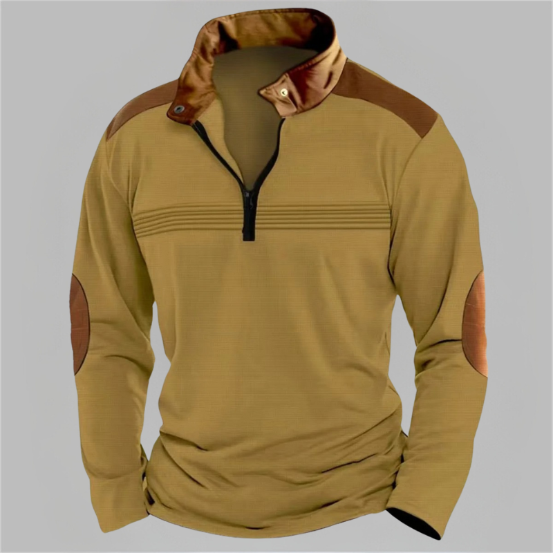 Men's two-tone half-zip pullover in athletic cut with contrast color blocking and soft texture
