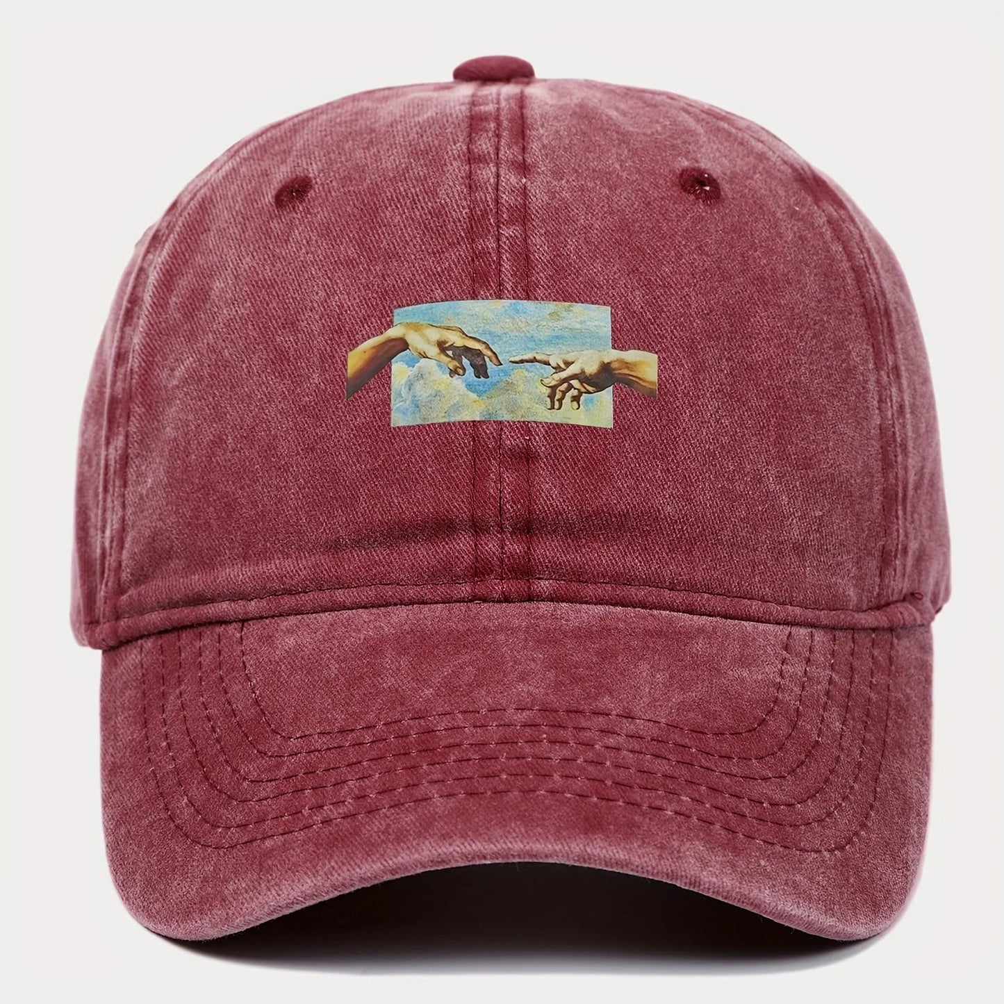 Renaissance washed cotton cap featuring Creation of Adam panel, adjustable buckle, pre-curved brim, unisex fit