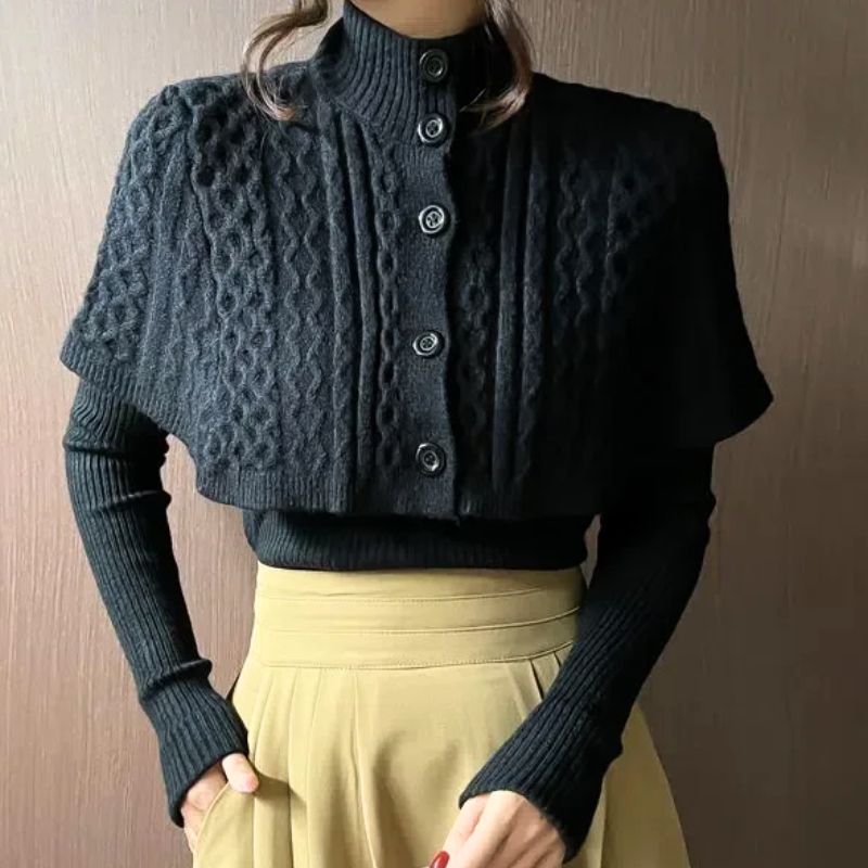 Women's textured knit two-piece set in neutral tones, cozy winter coordinated layering outfit