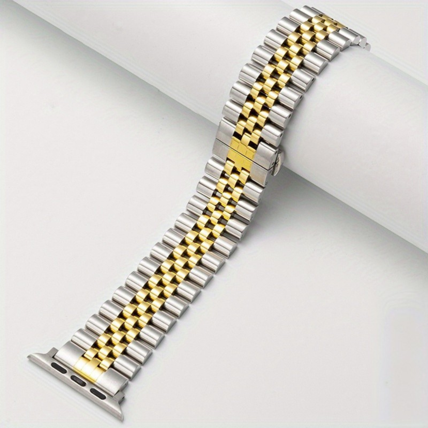Chrono Link stainless steel Apple Watch bracelet five-link design with secure butterfly clasp