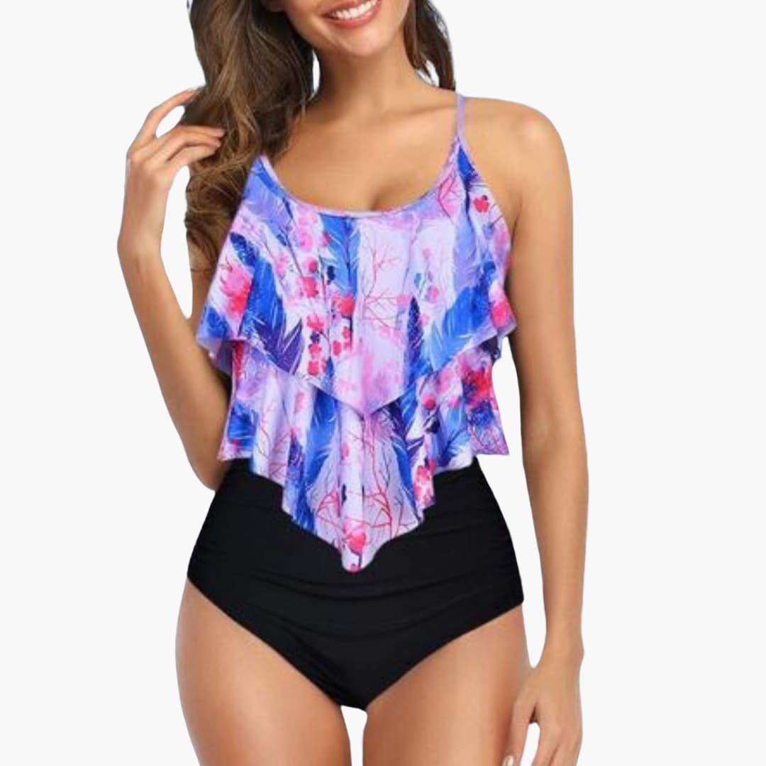 Women's two-piece tankini set with ruffled top, tummy control high-waisted bottom, breathable comfort fit