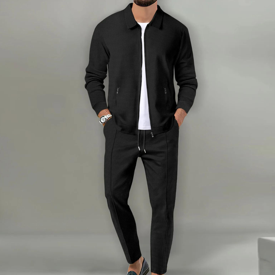 Men's slim fit casual matching set neutral tone coordinated top and bottom modern tapered silhouette