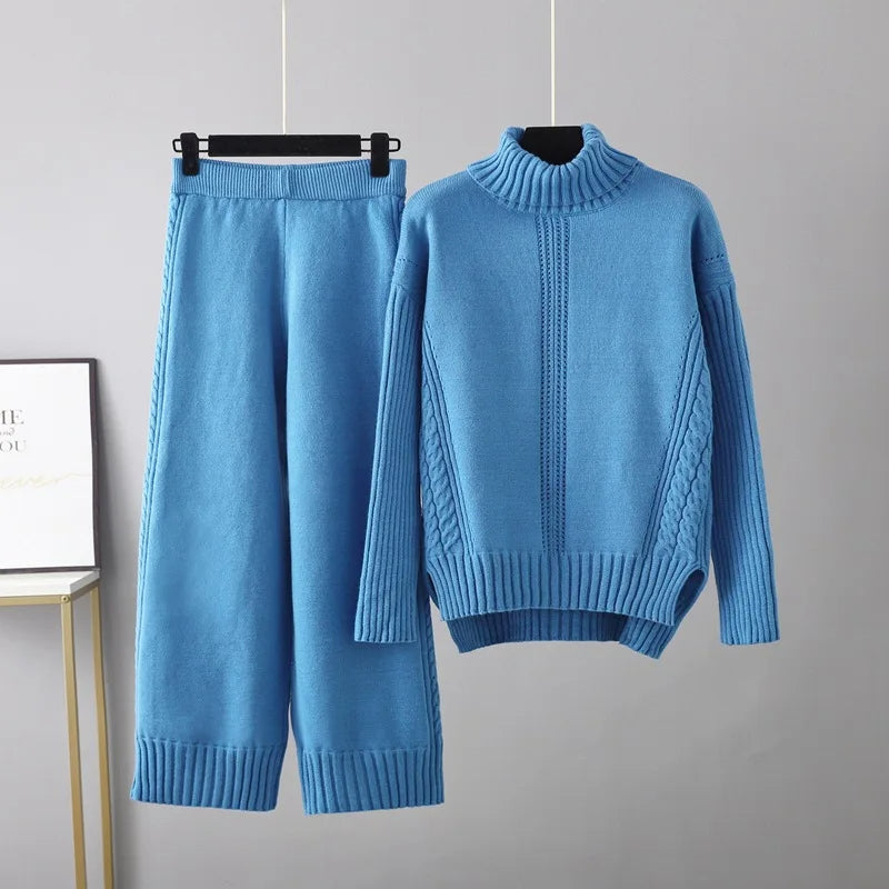 Vibrant cable knit co-ord set turtleneck sweater relaxed pants women two-piece knit outfit