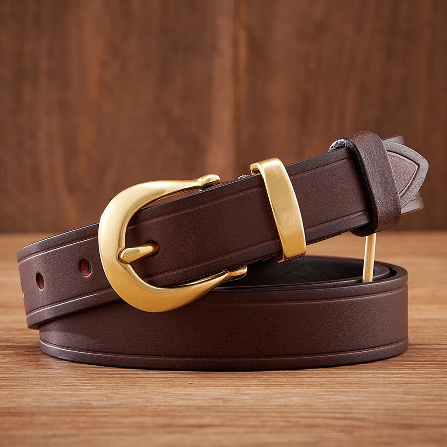 Men's full-grain leather belt tan hand-burnished edges brass buckle timeless patina everyday wear