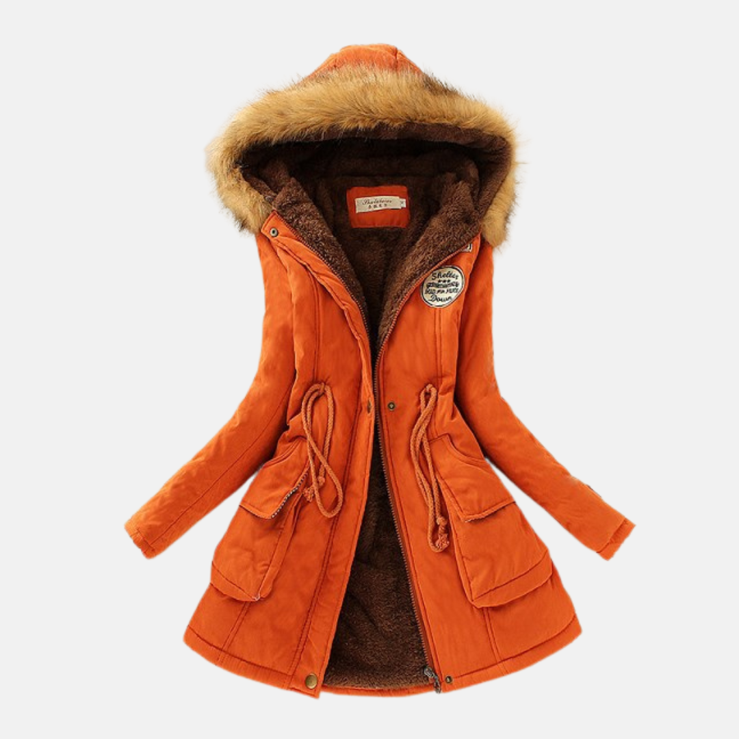 Women's tailored parka jacket with fleece lining, faux fur hood, and zip closure for a sleek winter look