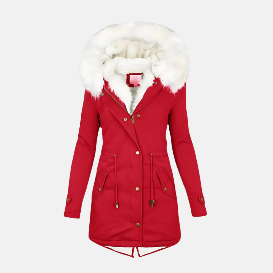 Women's slim fit mid-length parka coat with cozy faux fur hood, water-resistant all-weather design