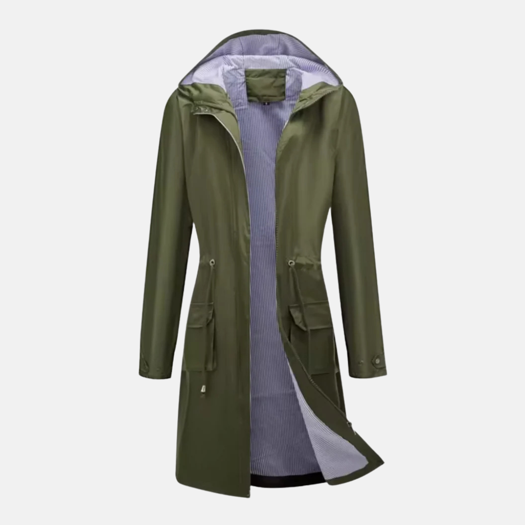 Women's water resistant long hooded jacket adjustable waist zip front flap pockets modern fit