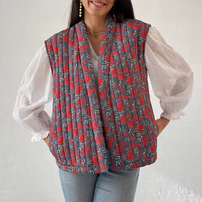 Women's plaid floral sleeveless vest coat, lightweight hand-stitched open front layering piece