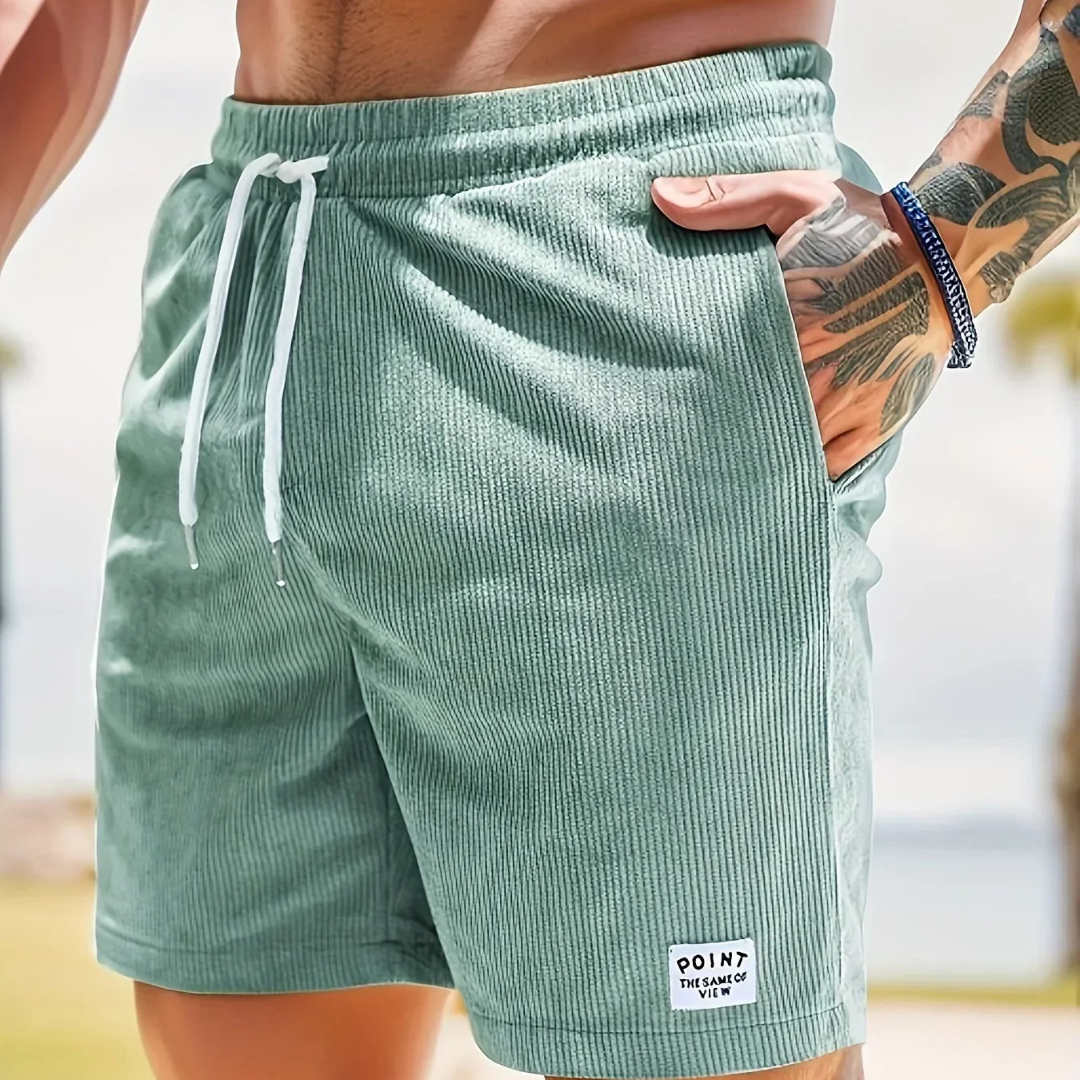 Men's beige corduroy drawstring shorts relaxed fit textured fabric casual beach everyday style