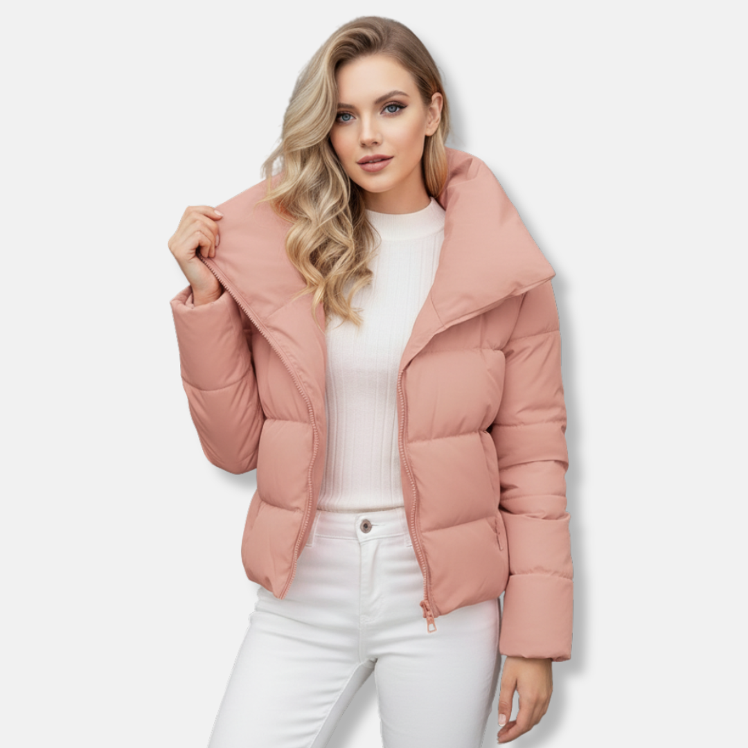 Women's black quilted padded coat with funnel neck and asymmetric diagonal zip closure