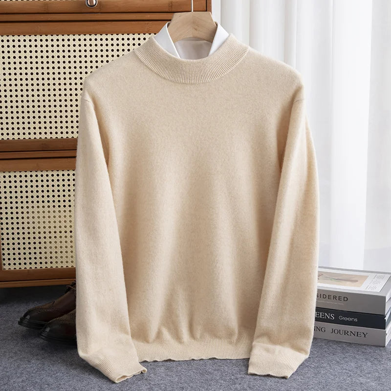 Lightweight wool mock neck pullover sweater in neutral tones, slim-fit knit for office and casual wear
