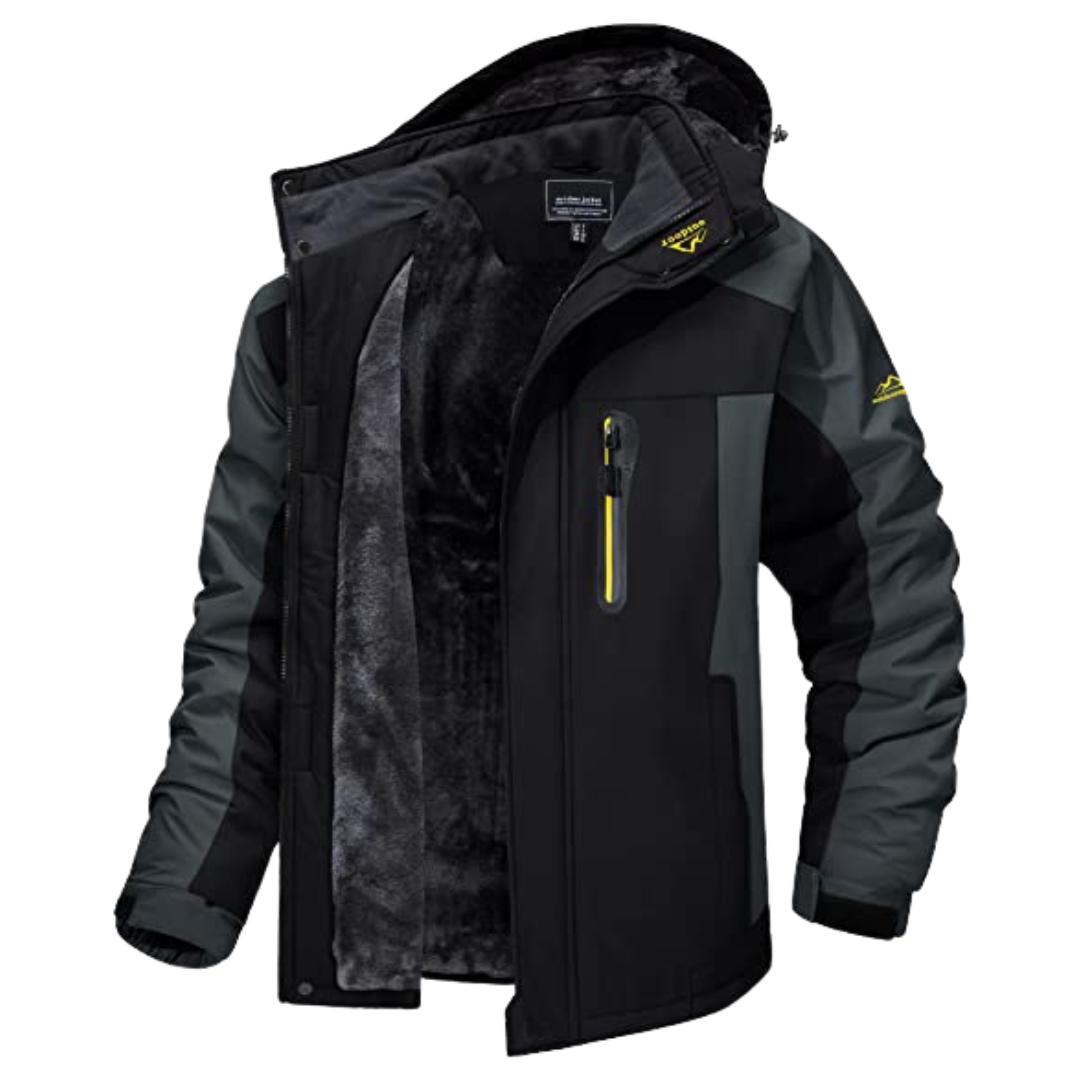 Men's hooded fleece-lined outdoor jacket rugged weatherproof coat with integrated hood for warmth
