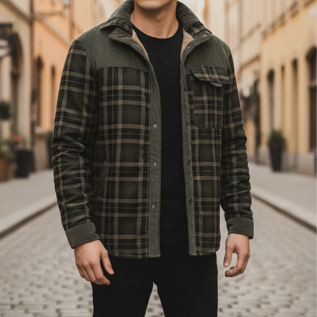 Men's plaid wool flannel sherpa shirt jacket with shearling lining for rugged cold-weather warmth
