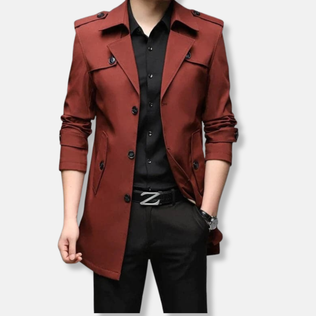 Men's slim fit thigh-length trench coat with button front, epaulets, and storm flaps