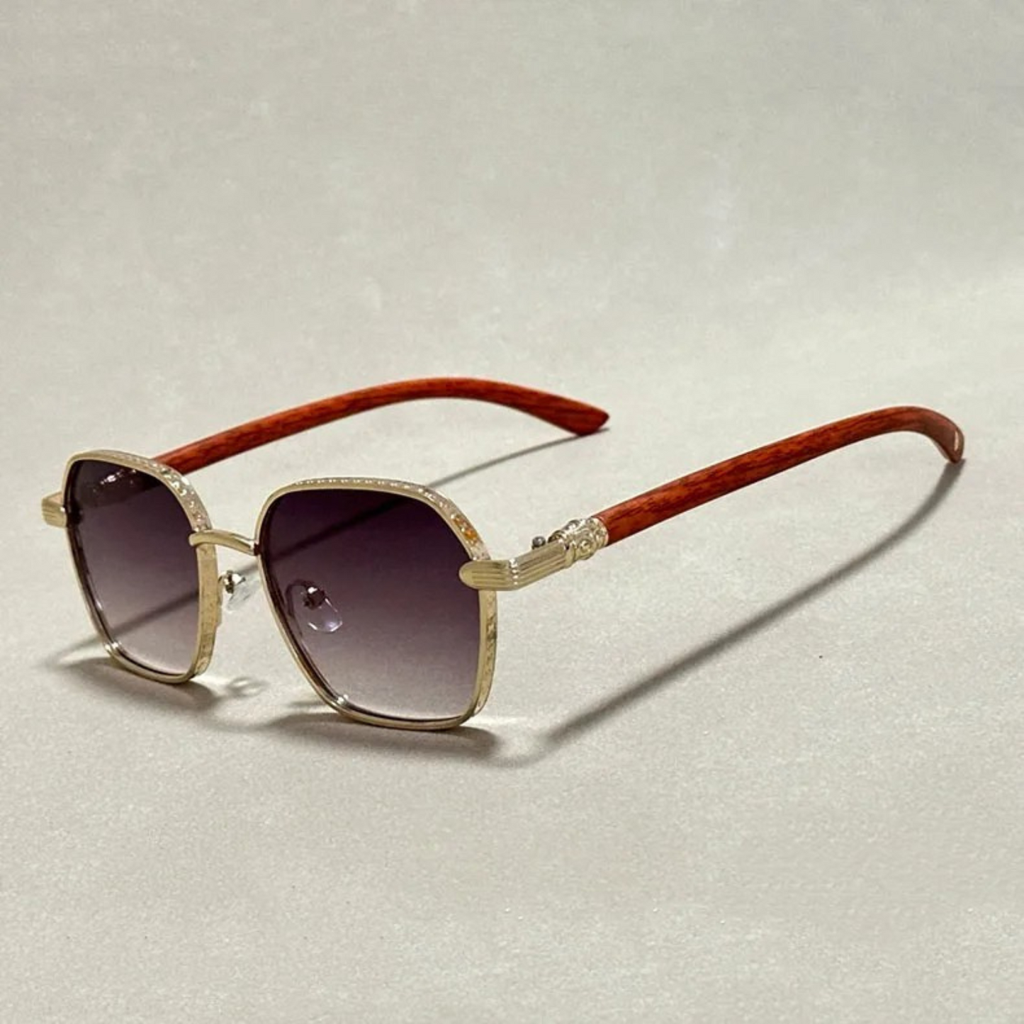 Ember square unisex sunglasses retro silhouette wood temples gold accents UV400 gradient lenses
