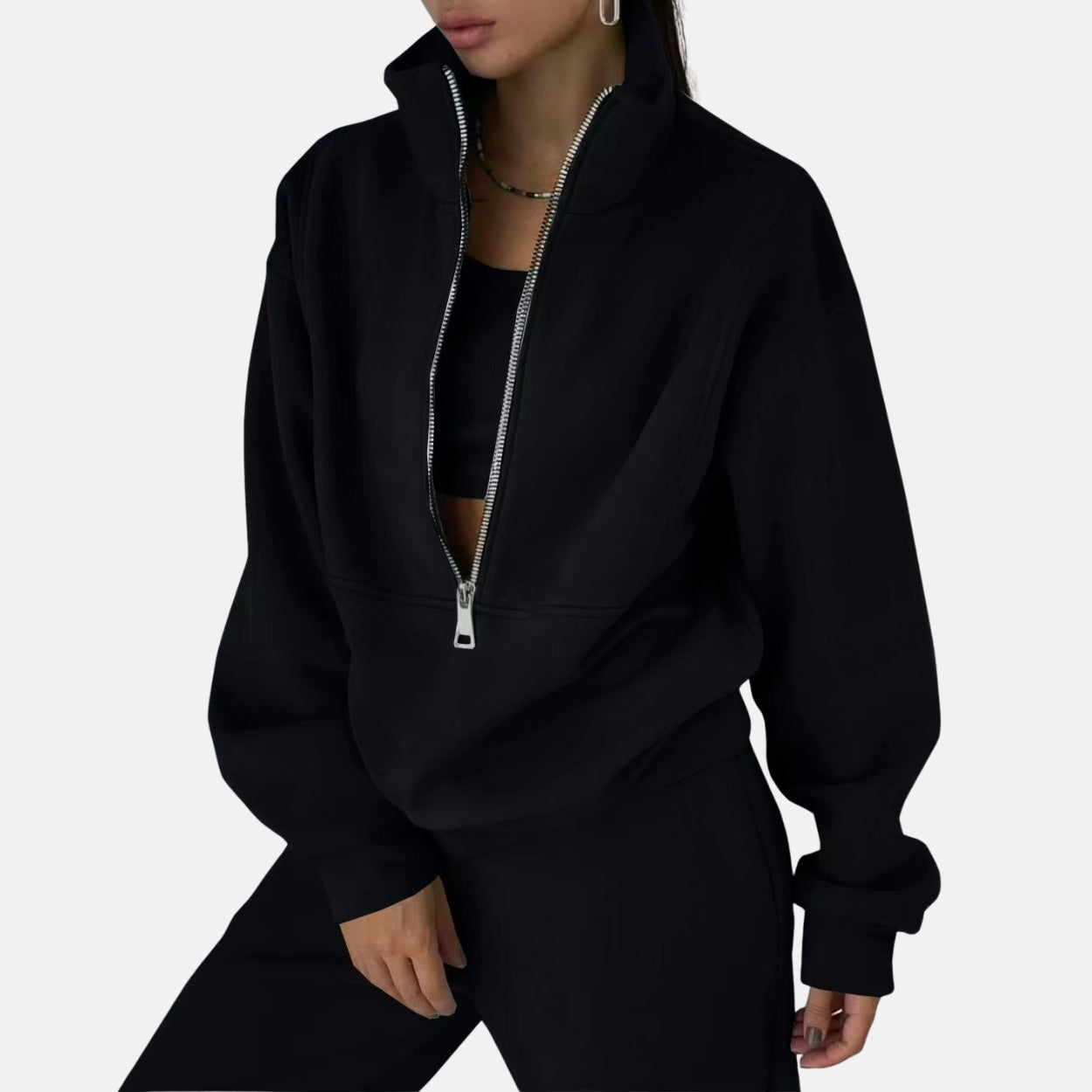 Women's relaxed fit two-piece tracksuit set high collar zip top cotton blend full length pants