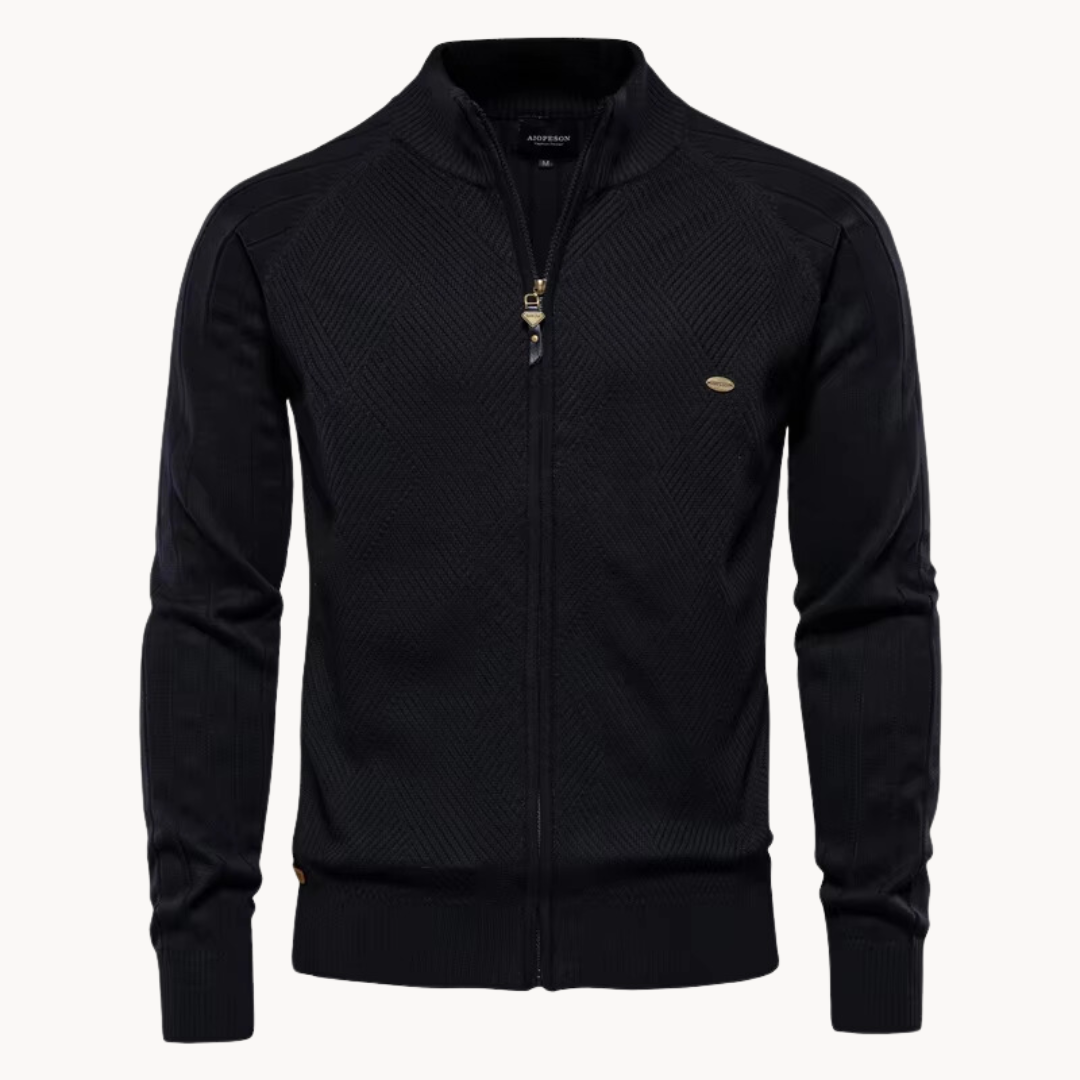 Men's slim-fit wool blend jacket with ribbed edges and zipper, casual urban style