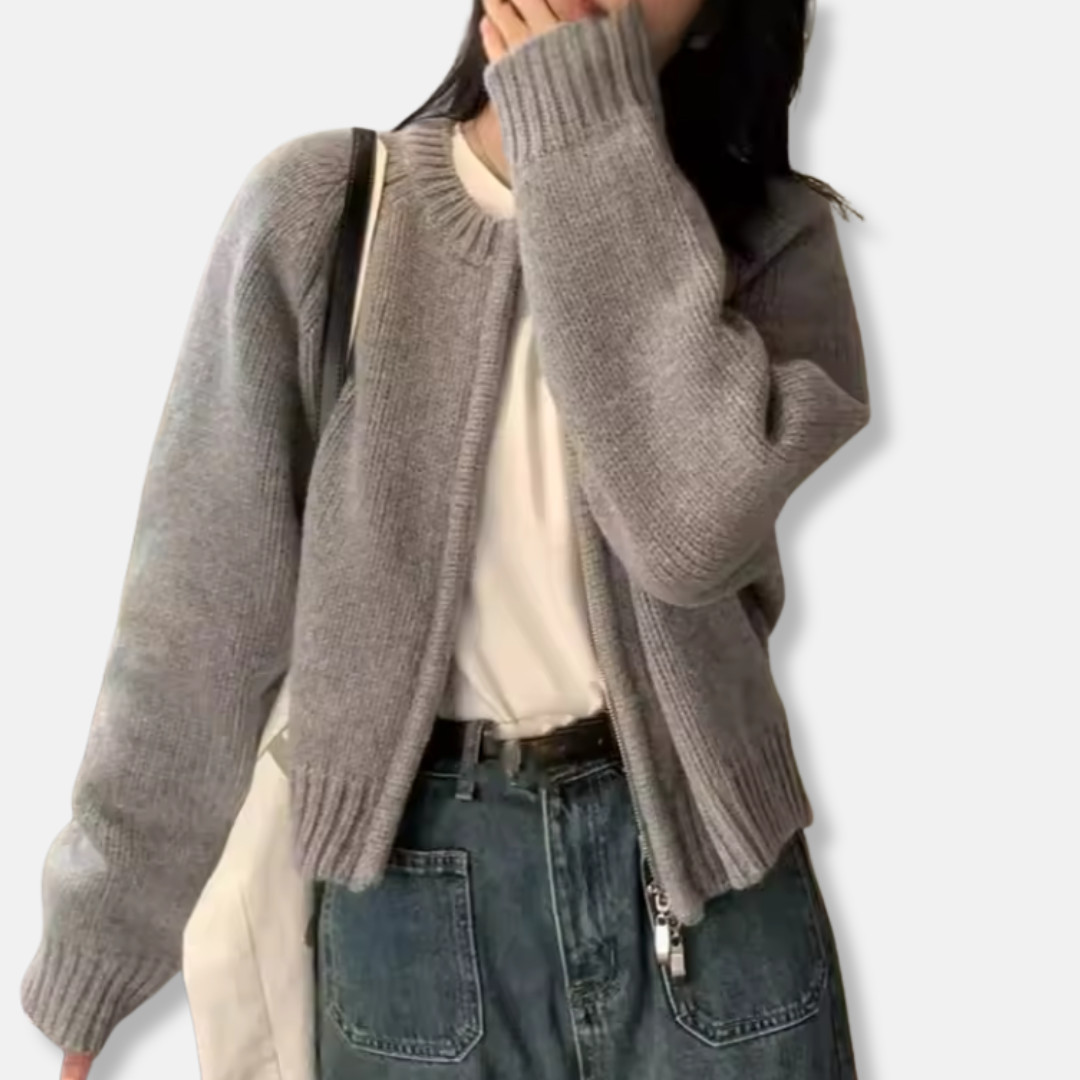 Women's wool knit open-front cardigan relaxed fit long sleeve cropped silhouette everyday office style