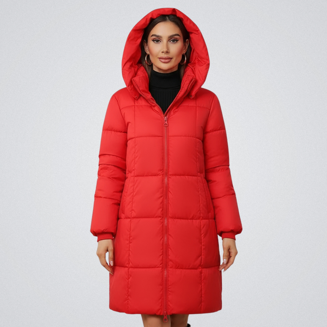 Women's black longline quilted puffer coat with attached hood, sleek non-bulky silhouette