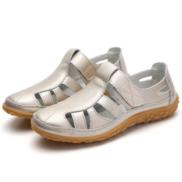 Women's beige leather casual sandals with velcro strap, cushioned EVA sole for beach and city walks