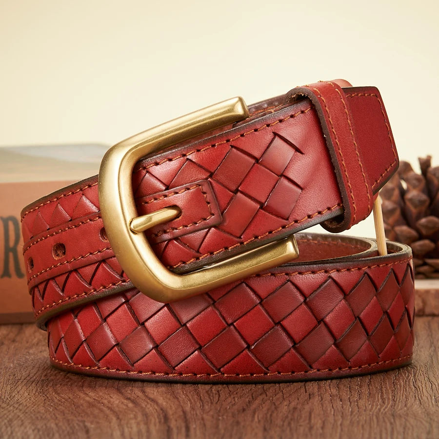 Men's woven cowhide leather belt in brown with copper brass-tone buckle classic durable style