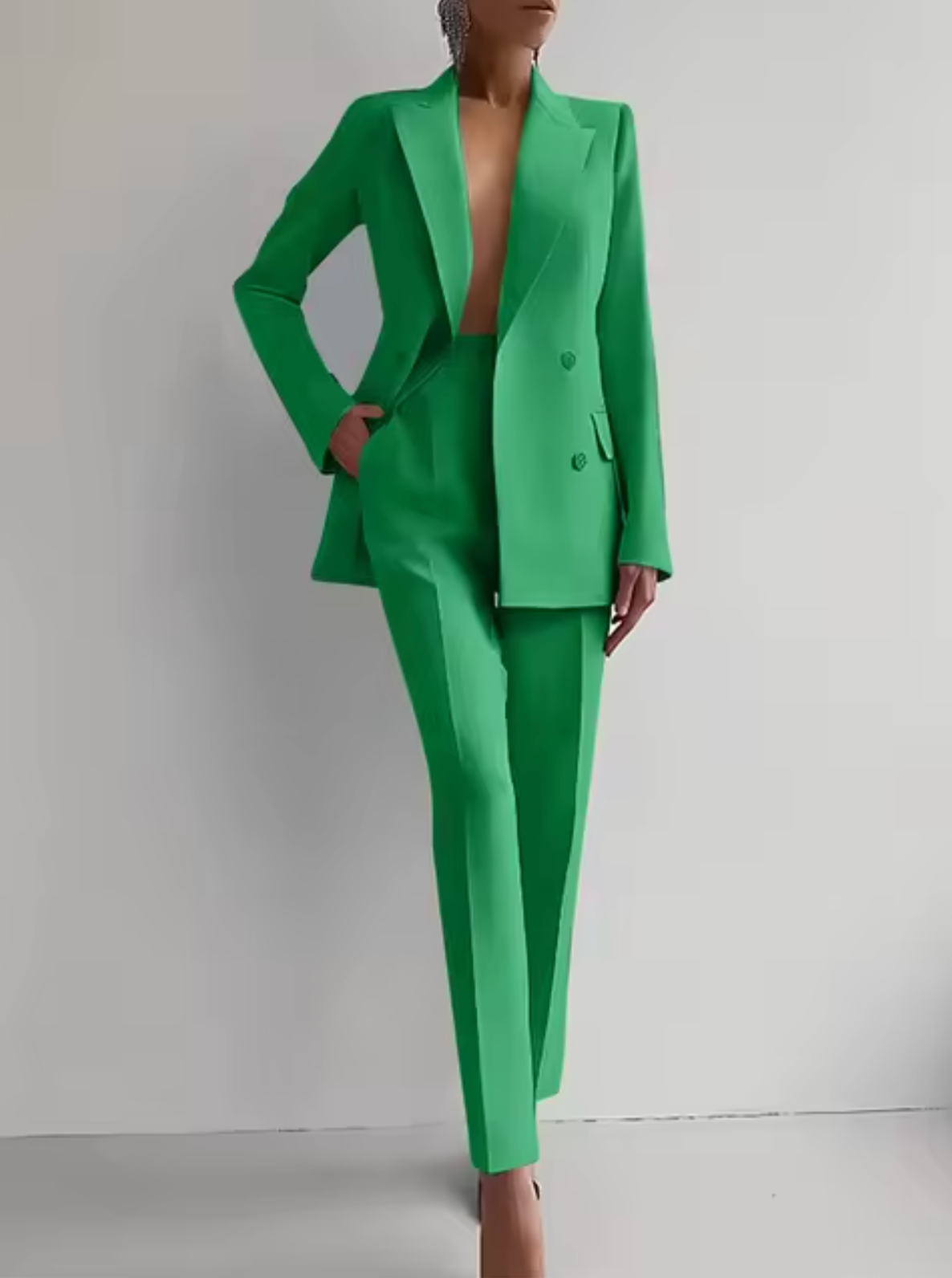 Women's tailored double-breasted blazer high-waisted trousers suit professional 2-piece wool-viscose set