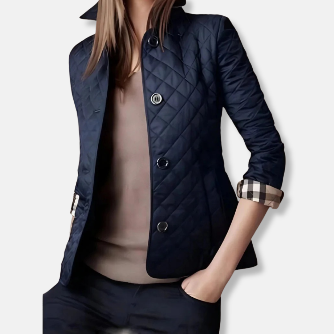 Women's quilted padded jacket tailored hip-length fit button closure chic versatile cotton layer