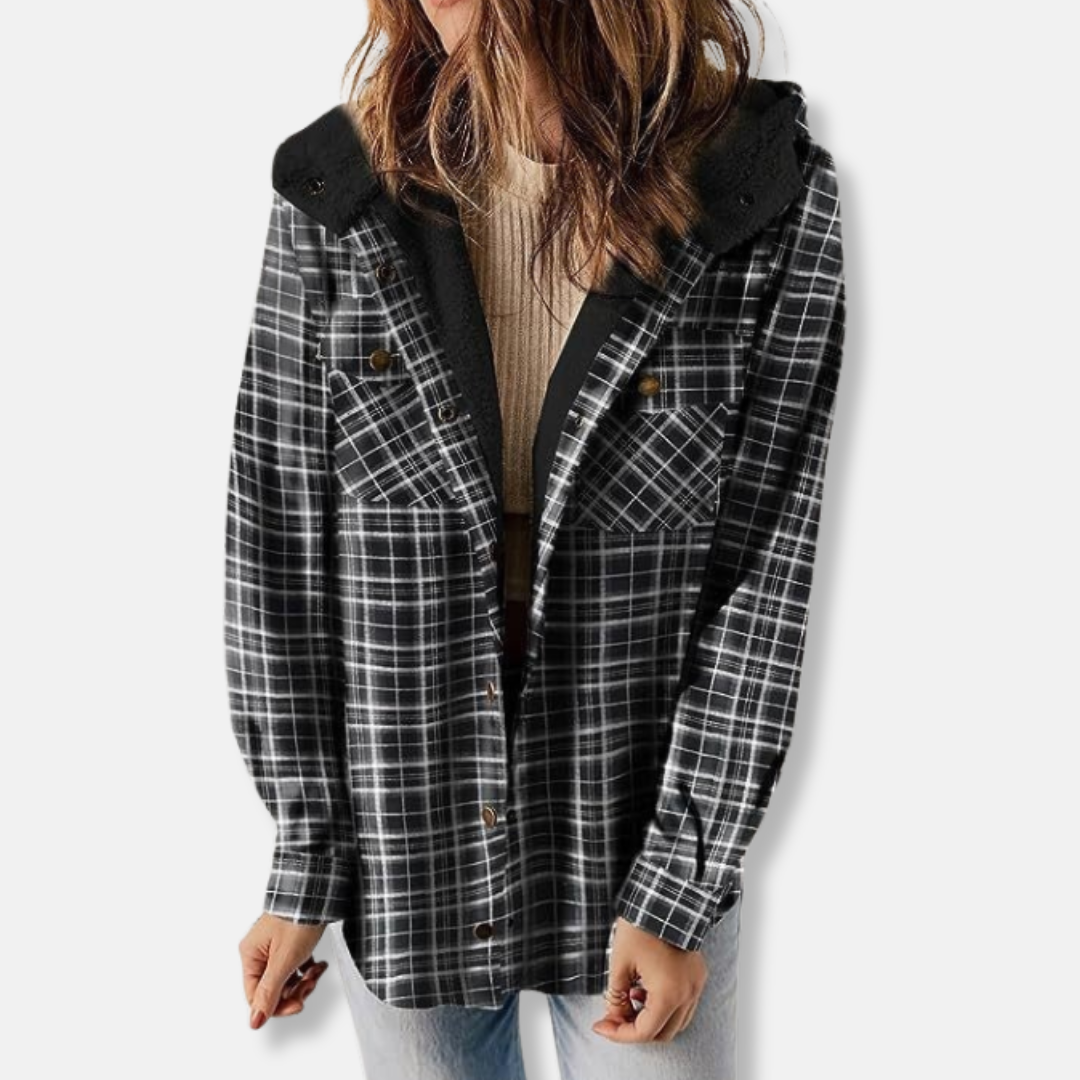 Women's relaxed fit checkered hooded shirt jacket with pockets in classic plaid pattern