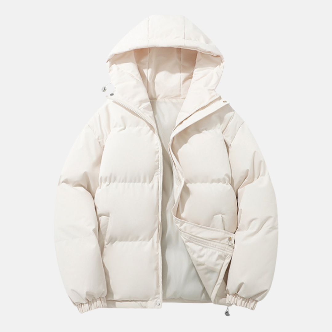 Men's black quilted puffer hooded coat with elasticated hem, warm synthetic insulation, relaxed fit
